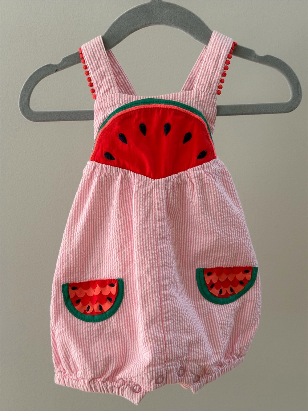 Mini Boden | Infant Watermelon Seersucker Romper | Size 0-3 months